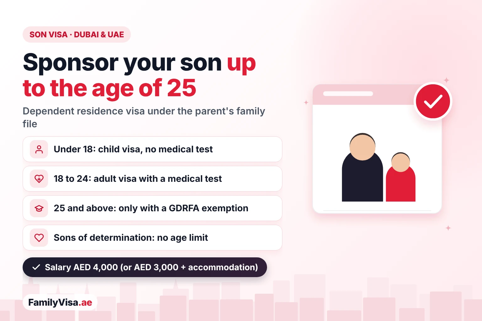 Son visa in Dubai and the UAE: a parent can sponsor a son up to the age of 25 — child visa under 18 without a medical test, adult visa from 18 with a medical test, GDRFA exemption after 25, no age limit for sons of determination