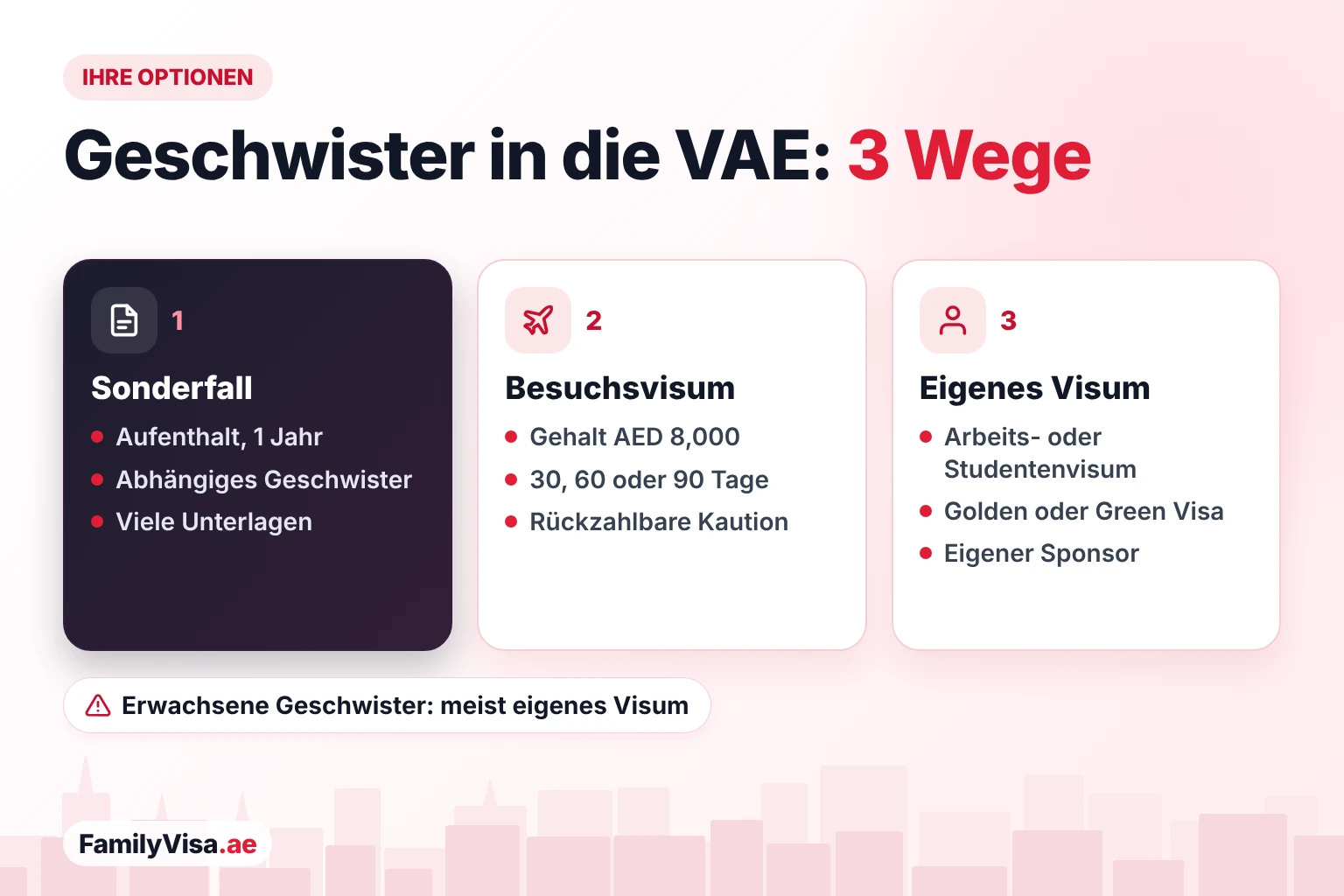 Möglichkeiten, Bruder oder Schwester in die VAE zu holen Drei Wege, Bruder oder Schwester in die VAE zu holen: Aufenthalt als Sonderfall für ein abhängiges Geschwister, ein Besuchsvisum bei einem Gehalt von AED 8,000 oder ein eigenes Arbeits-, Studenten-, Golden oder Green Visa des Geschwisters