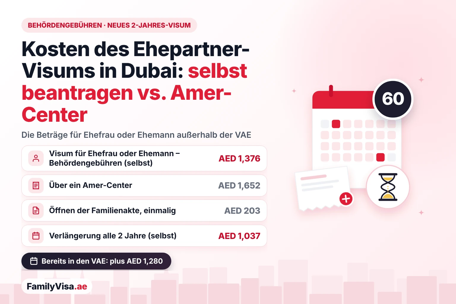 Kosten des Ehepartner-Visums in Dubai: selbst vs. Amer-Center Kosten des Ehepartner-Visums in Dubai im Vergleich: AED 1,376 Behördengebühren für ein neues 2-Jahres-Visum für Ehefrau oder Ehemann bei Antrag von außerhalb der VAE, AED 1,652 über ein Amer-Center, AED 203 für das Öffnen der Familienakte und AED 1,037 für jede Verlängerung