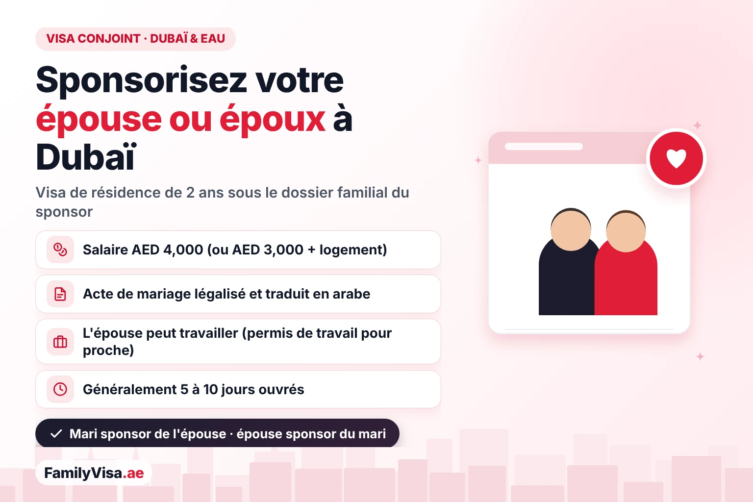 Visa conjoint à Dubaï et aux EAU Visa conjoint aux EAU : un résident peut sponsoriser son épouse ou son époux à Dubaï avec un salaire de AED 4,000 et un acte de mariage légalisé — un visa de résidence de 2 ans pour personne à charge, avec un permis de travail pour proche pour une épouse qui souhaite travailler