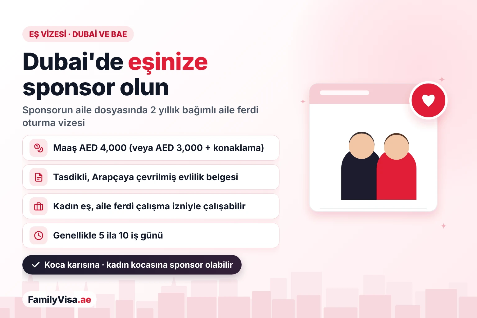 Dubai ve BAE'de eş vizesi BAE'de eş vizesi: BAE'de ikamet eden bir kişi, Dubai'de AED 4,000 maaş ve tasdikli evlilik belgesiyle karısına veya kocasına sponsor olabilir — 2 yıllık bağımlı aile ferdi oturma vizesi, çalışmak isteyen kadın eş için aile ferdi çalışma izniyle