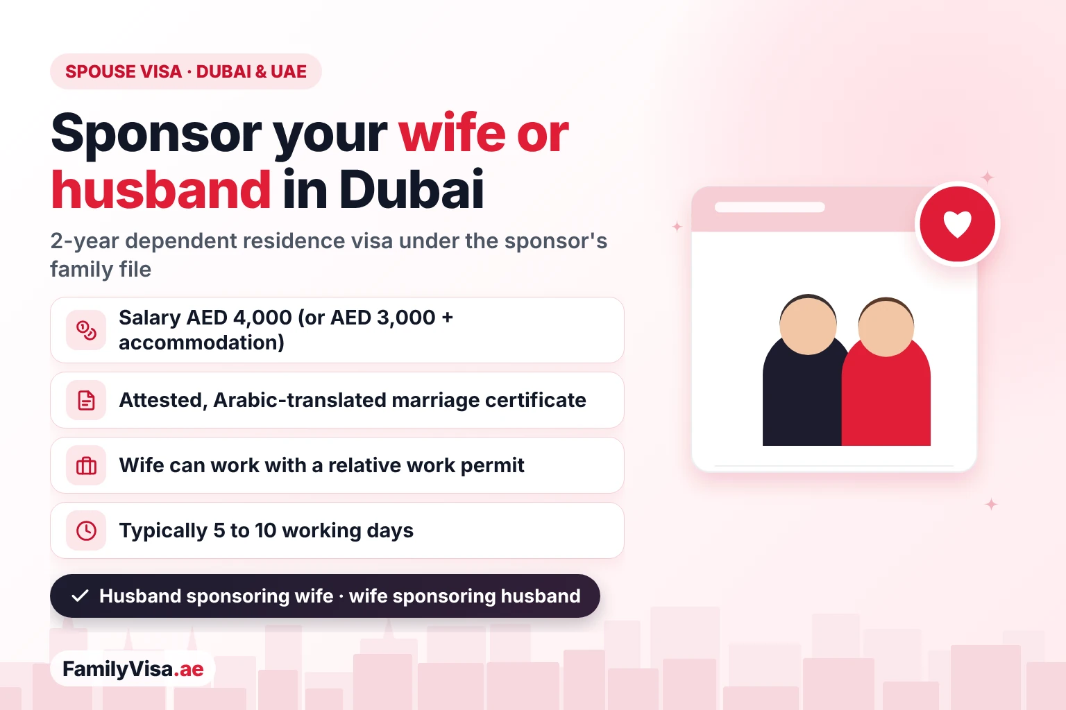 Spouse visa in the UAE: a resident can sponsor a wife or husband in Dubai with a salary of AED 4,000 and an attested marriage certificate — a 2-year dependent residence visa, with a relative work permit for a wife who wants to work