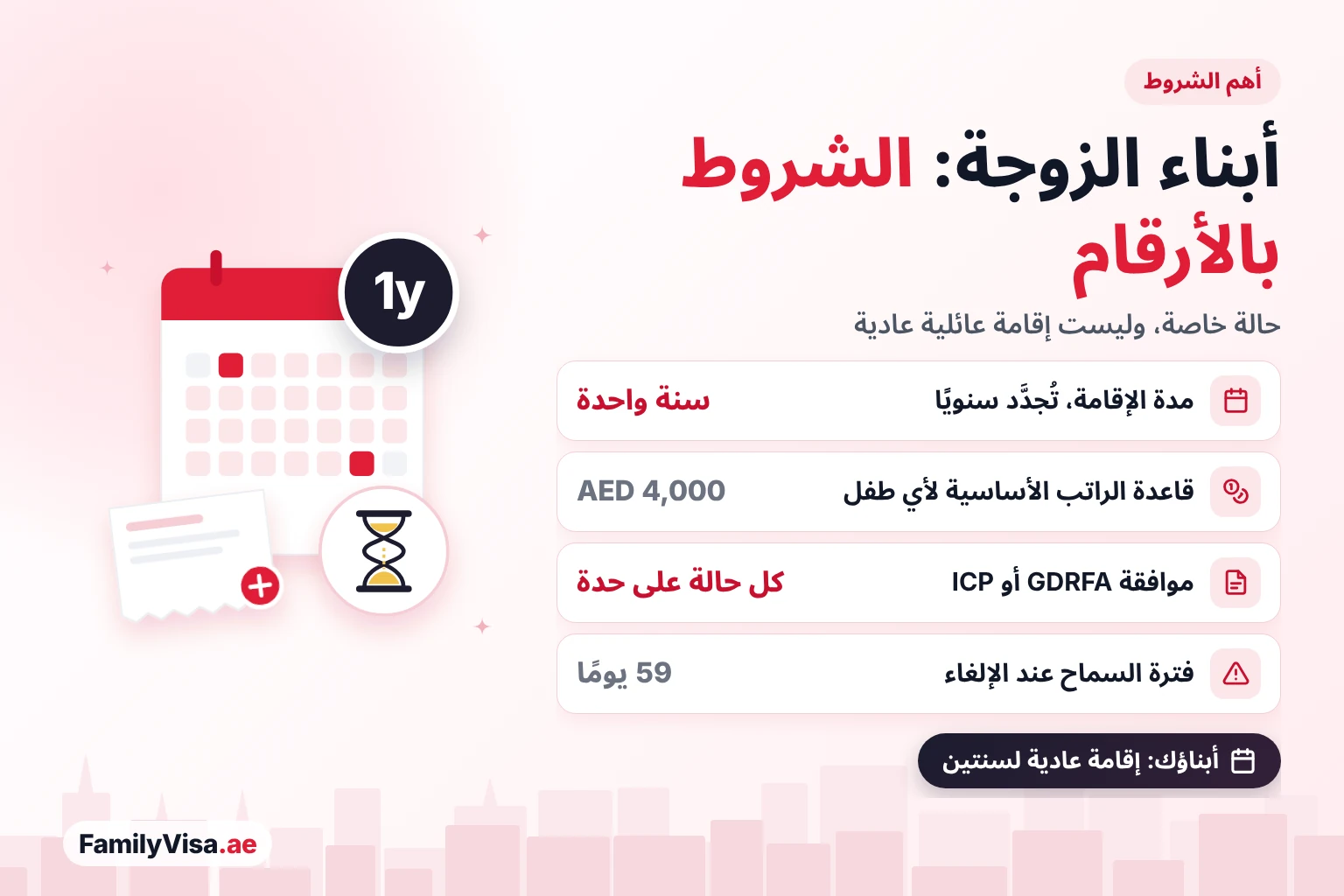 شروط إقامة ابن الزوجة والطفل المتبنى شروط إقامة ابن الزوجة والطفل المتبنى في الإمارات: إقامة لمدة سنة واحدة تُجدَّد سنويًا، وقاعدة راتب AED 4,000 كحد أدنى، وموافقة كل حالة على حدة من GDRFA أو ICP، وفترة سماح 59 يومًا عند إلغاء الإقامة