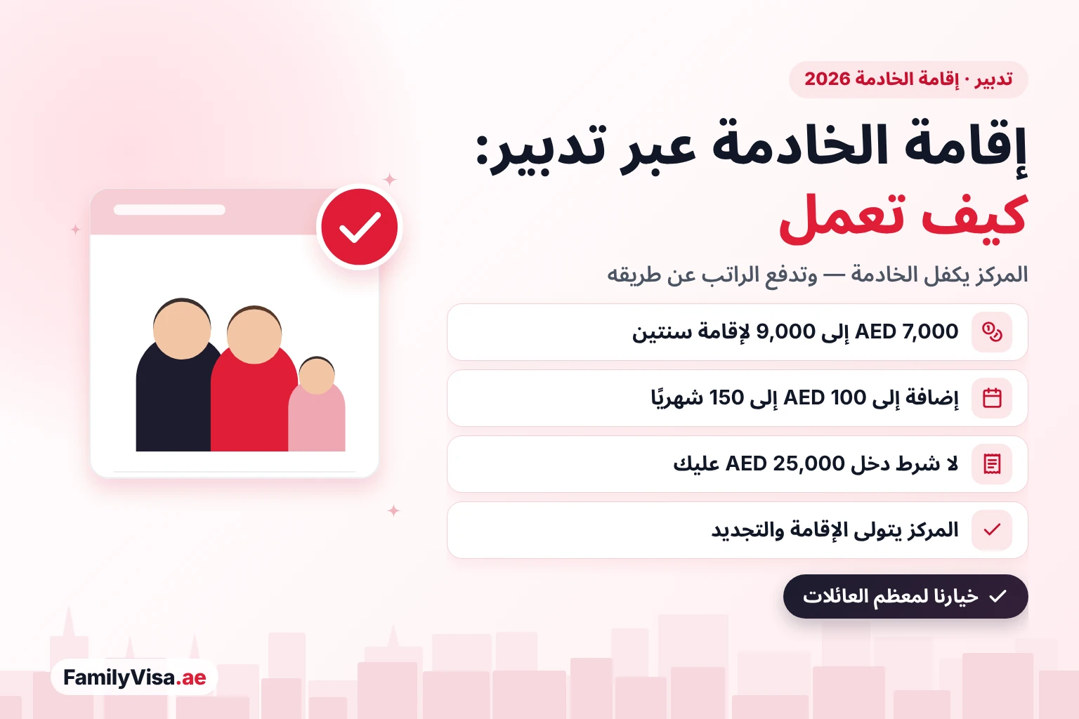 إقامة الخادمة عبر تدبير في الإمارات: يكفل مركز تدبير الخادمة على إقامة لمدة سنتين مقابل نحو AED 7,000 إلى 9,000 إضافة إلى AED 100 إلى 150 شهريًا، وتدفع العائلة الراتب عن طريق المركز
