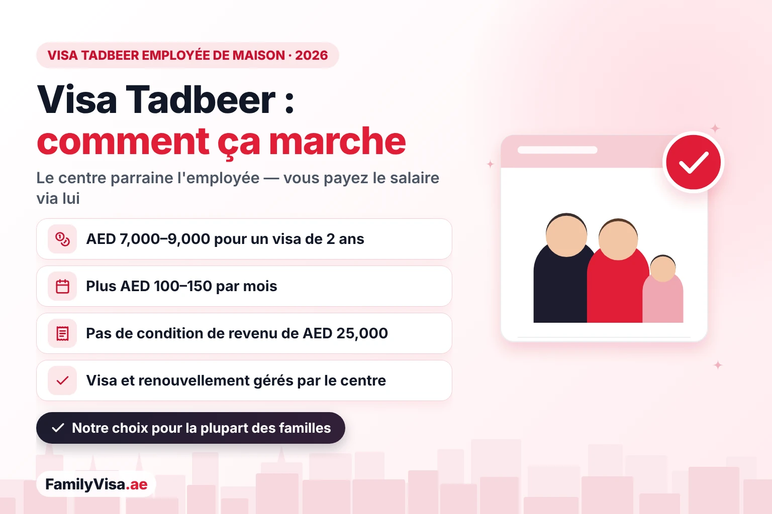 Visa Tadbeer pour femme de ménage aux EAU : un centre Tadbeer parraine l'employée avec un visa de 2 ans pour environ AED 7,000–9,000 plus AED 100–150 par mois, et la famille paie le salaire via le centre
