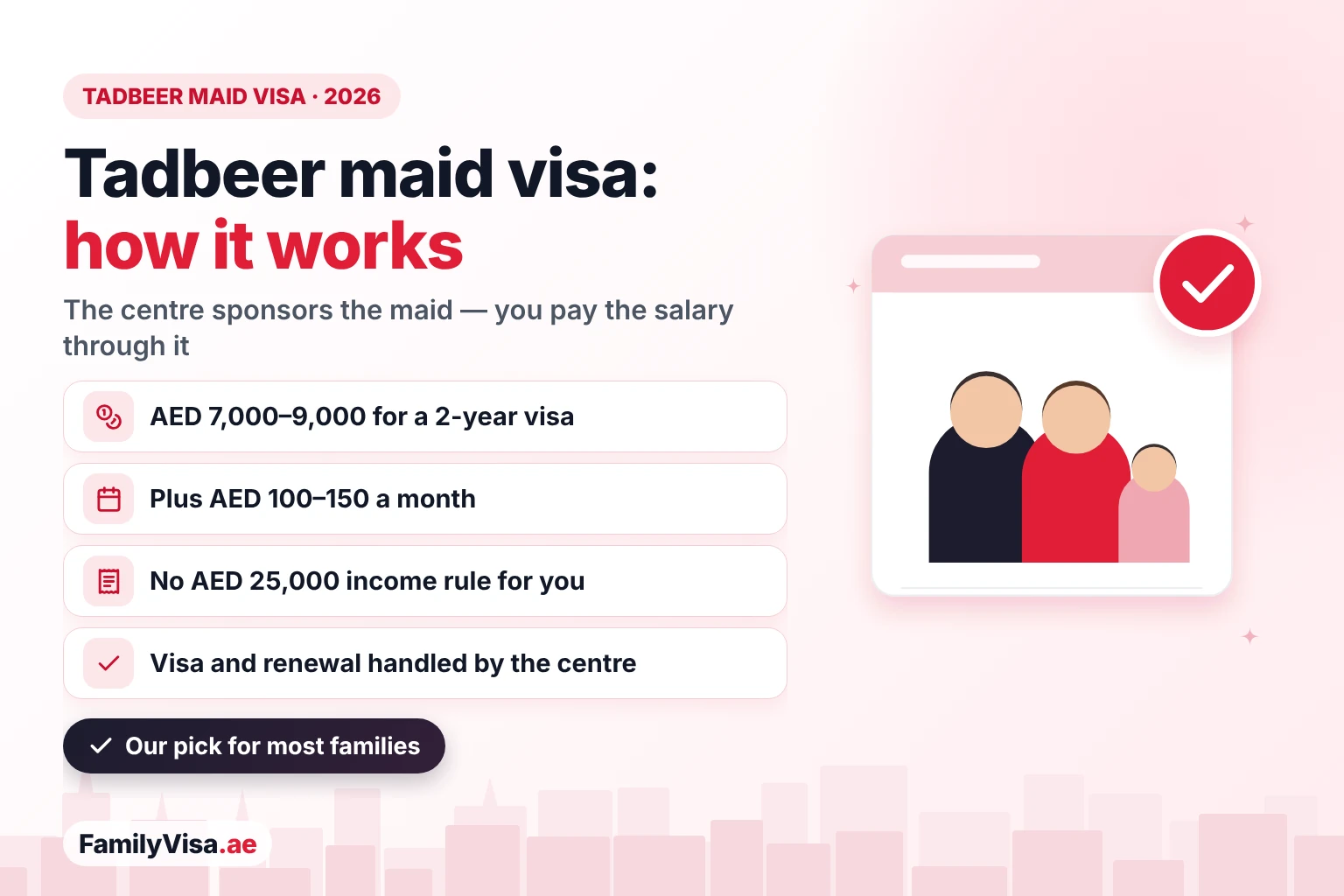 Tadbeer maid visa in the UAE: a Tadbeer centre sponsors the maid on a 2-year visa for about AED 7,000–9,000 plus AED 100–150 a month, and the family pays the salary through the centre