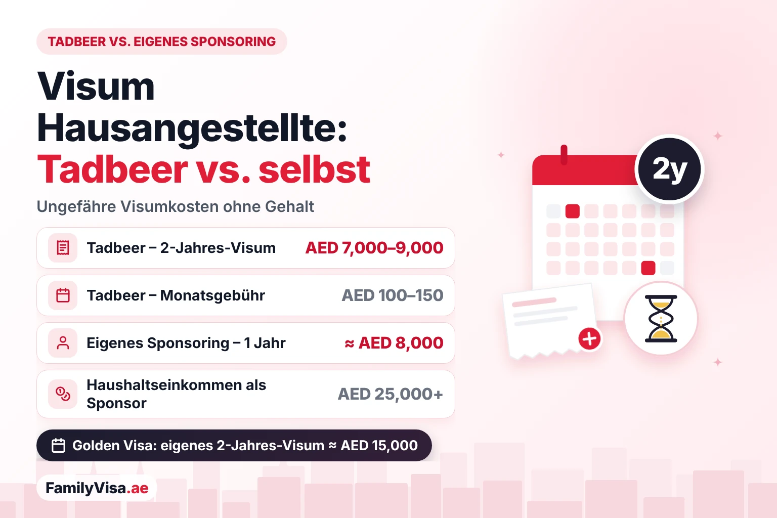 Kosten Visum Hausangestellte: Tadbeer vs. selbst sponsern Kosten des Tadbeer-Visums im Vergleich zum eigenen Sponsoring: AED 7,000–9,000 für 2 Jahre plus AED 100–150 im Monat über Tadbeer, etwa AED 8,000 pro Jahr auf Ihrem eigenen Visum bei einem Haushaltseinkommen über AED 25,000
