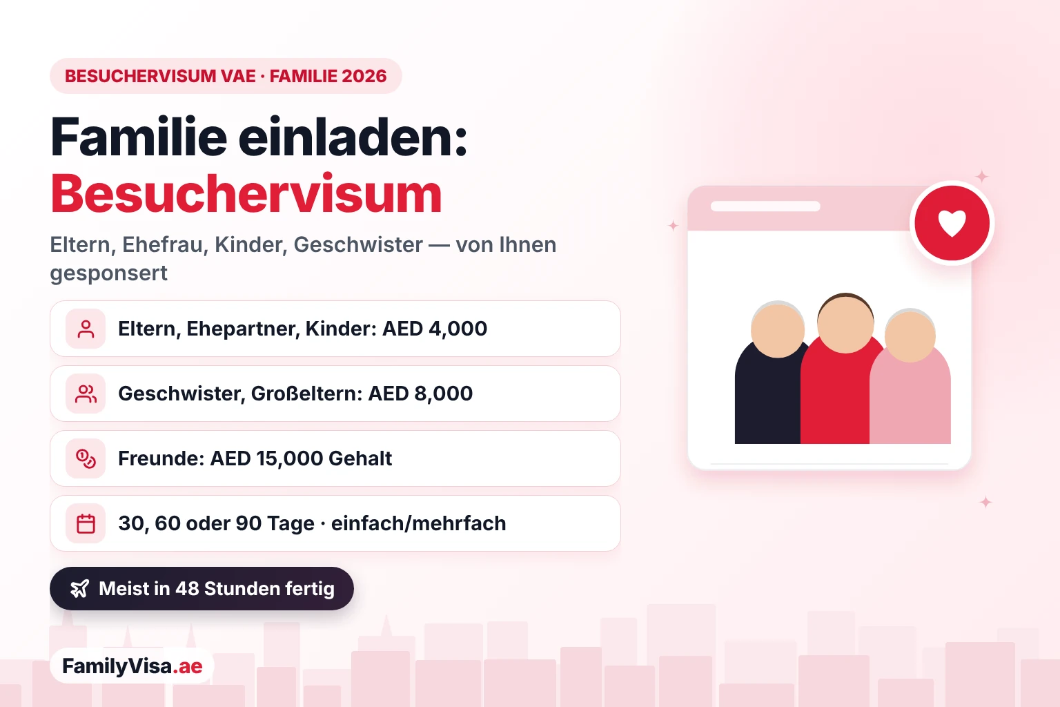 Besuchervisum VAE 2026: Wen Sie einladen dürfen Besuchervisum VAE für Familienangehörige 2026: Ein Resident kann Eltern, Ehepartner und Kinder mit einem Gehalt von AED 4,000 einladen, Geschwister und Großeltern mit AED 8,000 und Freunde mit AED 15,000, für 30, 60 oder 90 Tage