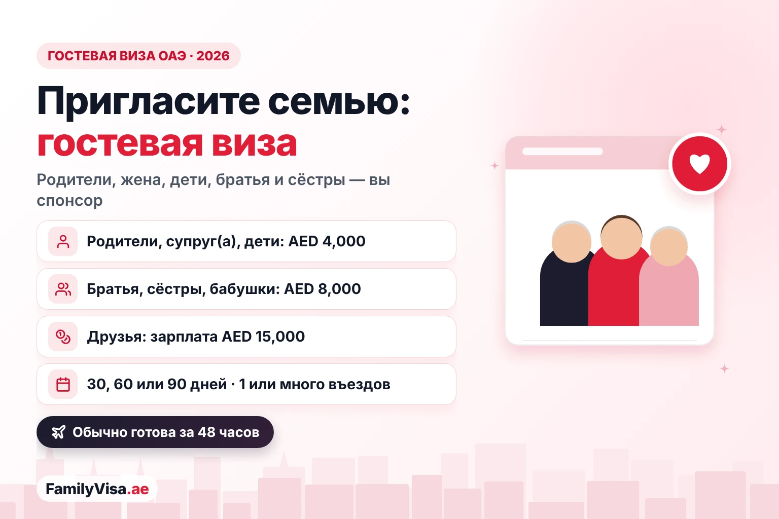 Гостевая виза в ОАЭ 2026: кого можно пригласить Гостевая виза в ОАЭ для родственников 2026: резидент ОАЭ может пригласить родителей, супруга и детей при зарплате AED 4,000, братьев, сестёр, бабушек и дедушек при AED 8,000 и друзей при AED 15,000 на 30, 60 или 90 дней