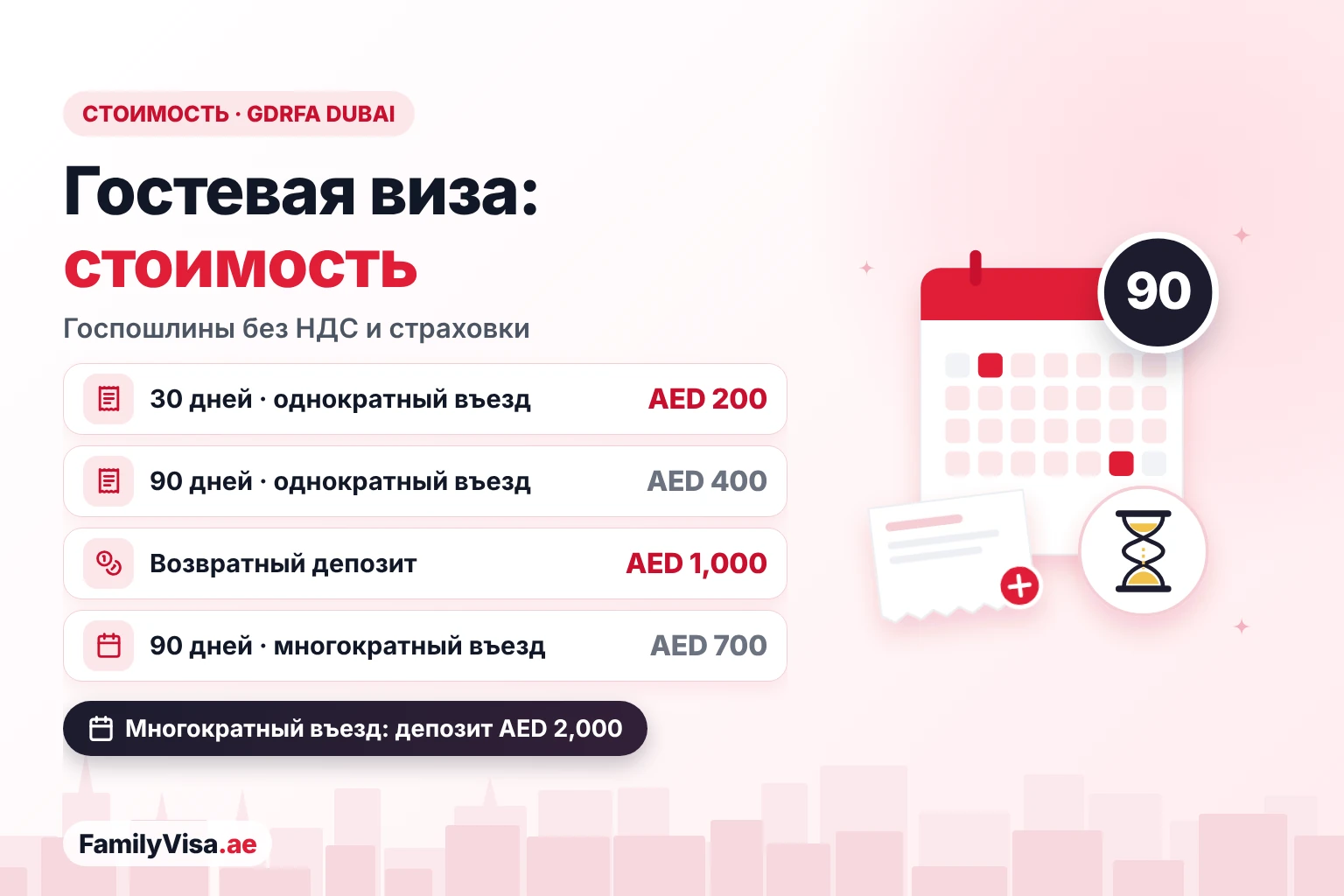 Стоимость гостевой визы в ОАЭ и депозит Стоимость гостевой визы для родственников в Дубае: AED 200 за 30 дней и AED 400 за 90 дней с однократным въездом, AED 700 за 90 дней с многократным въездом, плюс возвратный депозит AED 1,000 или AED 2,000