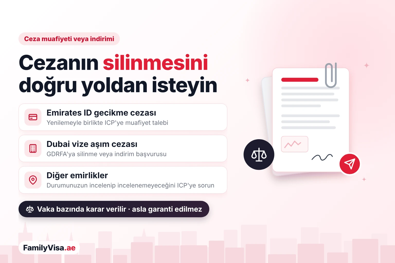 Destekleyici belgelerle hazırlanmış bir ceza muafiyeti veya indirimi talep dilekçesinin illüstrasyonu: Emirates ID gecikme cezası için yenilemeyle birlikte ICP'den muafiyet, Dubai vize aşım cezası için GDRFA'dan silinme veya indirim, diğer emirliklerde ICP'den inceleme talebi