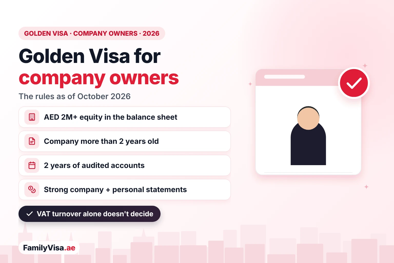 UAE Golden Visa for company owners: 2026 rules Illustration of a business owner beside a checklist card: UAE Golden Visa for company owners in 2026 — partner's equity of more than AED 2 million in the audited balance sheet, company older than 2 years, strong bank statements