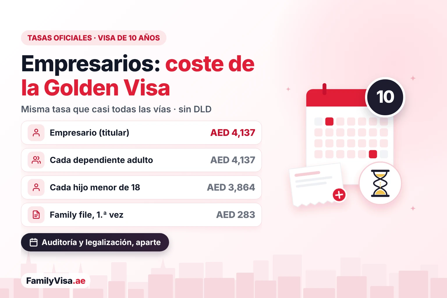 Coste de la Golden Visa para propietarios de empresas Coste de la Golden Visa para propietarios de empresas: AED 4,137 en tasas oficiales para el solicitante principal, AED 4,137 por cada dependiente adulto y AED 3,864 por cada hijo menor de 18 años, sin tasa DLD