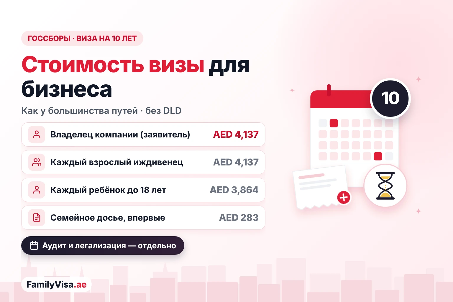 Стоимость золотой визы для владельцев компаний Стоимость золотой визы для владельцев компаний: AED 4,137 госсборов за основного заявителя, AED 4,137 за каждого взрослого члена семьи и AED 3,864 за каждого ребёнка до 18 лет, без сбора DLD