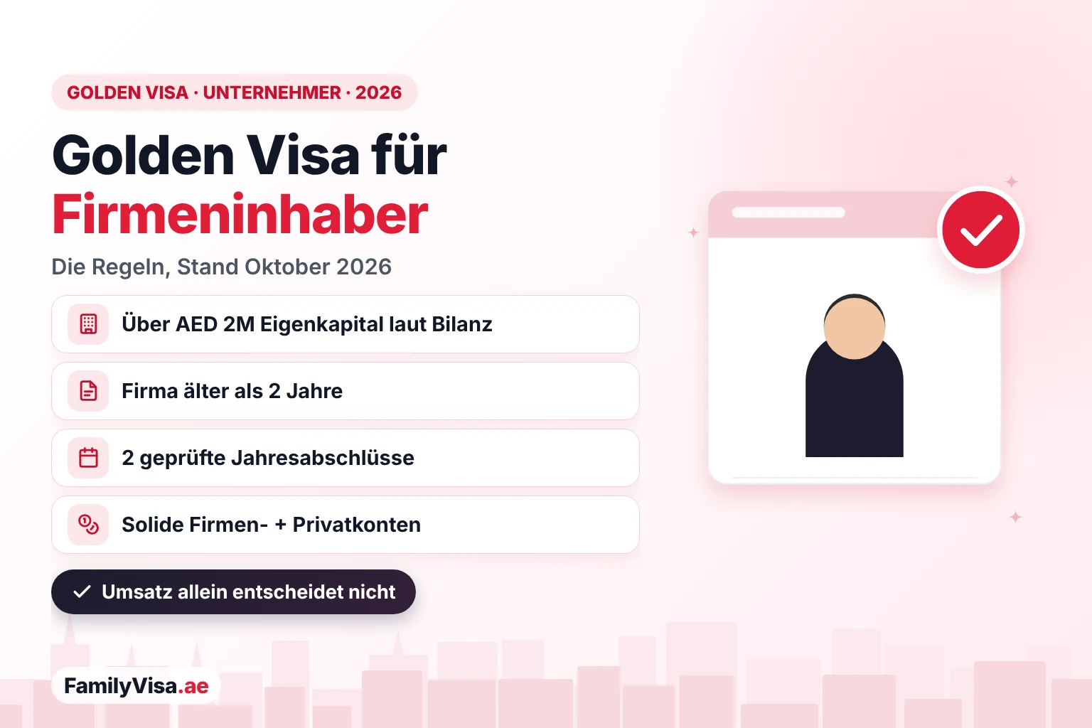 Golden Visa Dubai für Firmeninhaber: Voraussetzungen 2026 Illustration eines Unternehmers neben einer Checkliste: Golden Visa VAE für Firmeninhaber 2026 – Gesellschafteranteil am Eigenkapital über AED 2 Mio. laut geprüfter Bilanz, Firma älter als 2 Jahre, solide Kontoauszüge