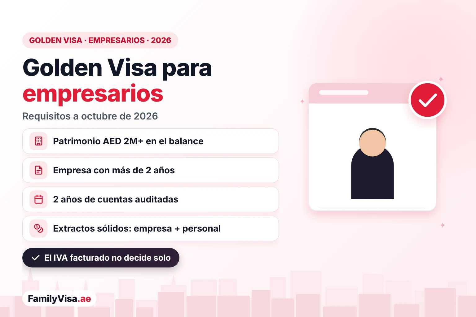 Golden Visa de los EAU para propietarios de empresas: requisitos 2026 Ilustración de un empresario junto a una lista de requisitos: Golden Visa de los EAU para propietarios de empresas en 2026 — patrimonio como socio de más de AED 2 millones en el balance auditado, empresa con más de 2 años de antigüedad y extractos bancarios sólidos