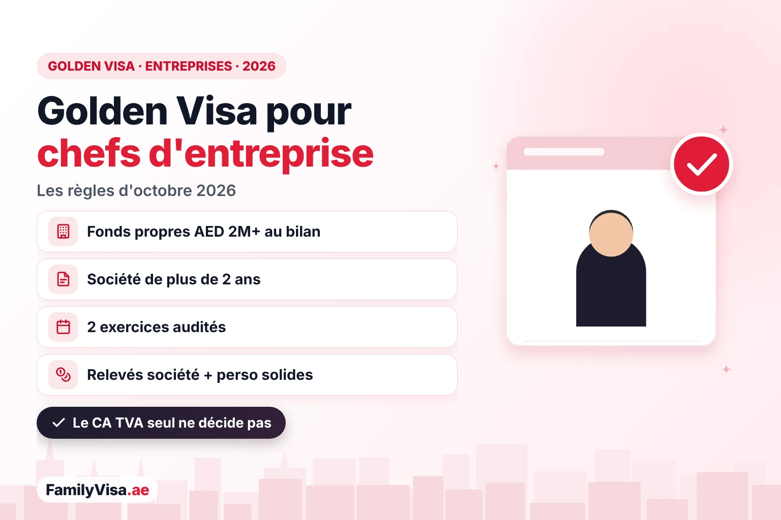 Golden Visa EAU pour propriétaires d'entreprise : règles 2026 Illustration d'un chef d'entreprise à côté d'une fiche de contrôle : Golden Visa des EAU pour propriétaires d'entreprise en 2026 — fonds propres d'associé supérieurs à AED 2 millions au bilan audité, société de plus de 2 ans, relevés bancaires solides