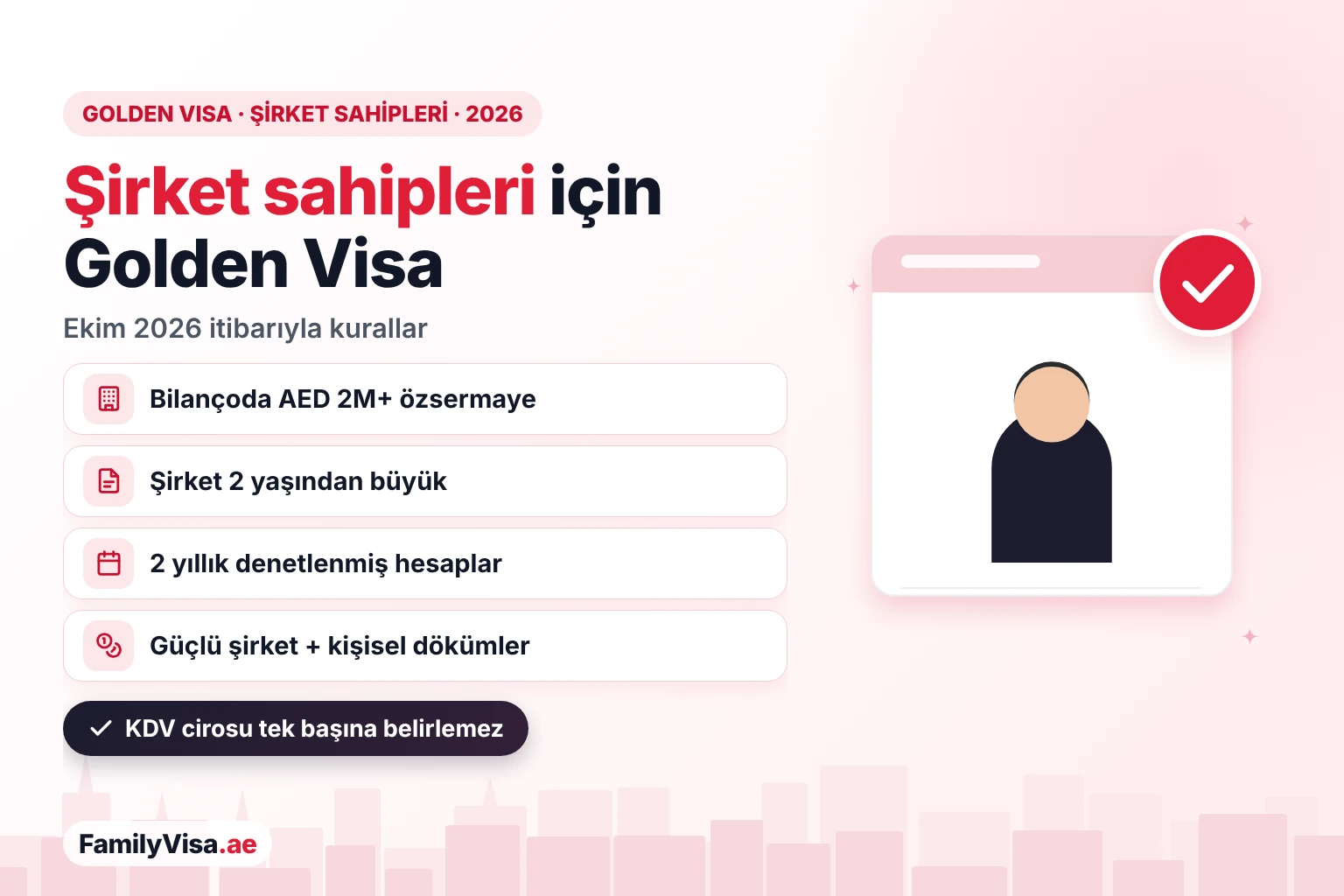 Şirket sahipleri için BAE Golden Visa: 2026 şartları Kontrol listesi kartının yanında bir iş insanı illüstrasyonu: 2026'da şirket sahipleri için BAE Golden Visa — denetlenmiş bilançoda AED 2 milyonun üzerinde ortak payı, 2 yaşından büyük şirket, güçlü banka hesap dökümleri