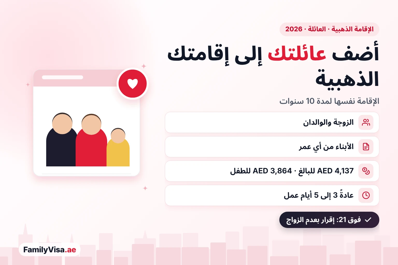 الإقامة الذهبية في الإمارات لأفراد العائلة: قواعد 2026 رسم توضيحي لعائلة من ثلاثة أفراد بجانب بطاقة قائمة تحقق: يستطيع حامل الإقامة الذهبية في الإمارات كفالة الزوج أو الزوجة والأبناء من أي عمر والوالدين بالإقامة نفسها لمدة 10 سنوات، عادةً خلال 3 إلى 5 أيام عمل