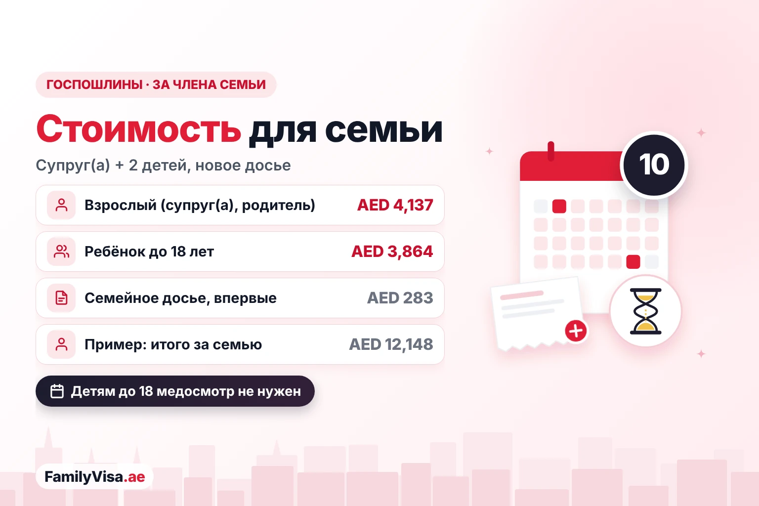 Стоимость золотой визы для членов семьи Стоимость золотой визы для семьи: AED 4,137 за каждого взрослого иждивенца, AED 3,864 за ребёнка до 18 лет и единоразово AED 283 за открытие семейного досье — одинаково для всех оснований золотой визы