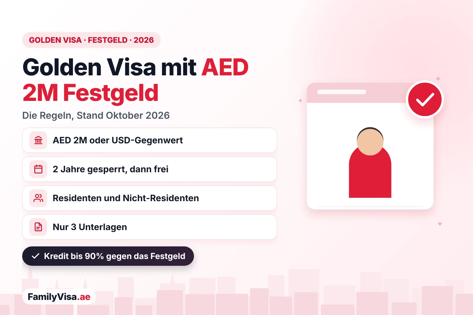 Golden Visa Dubai per Festgeld: Voraussetzungen 2026 Illustration eines Investors neben einer Checkliste: Golden Visa VAE per Festgeld über AED 2 Mio., 2 Jahre bei einer Bank in den VAE gesperrt, offen für Residenten und Nicht-Residenten, nur drei Unterlagen