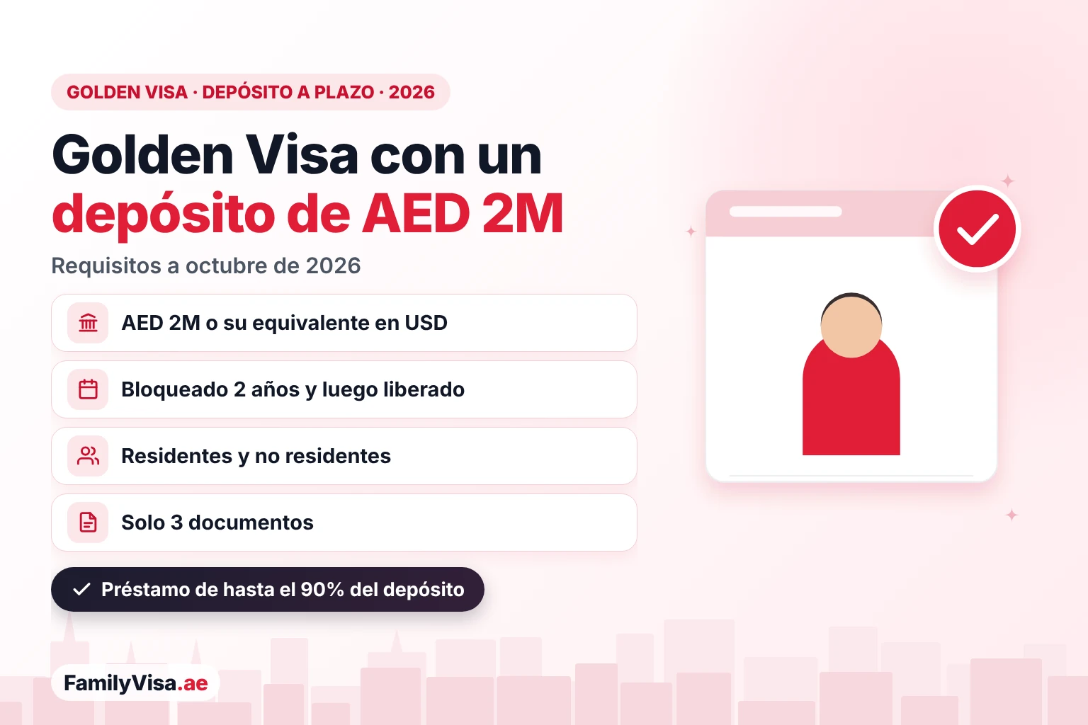 Golden Visa de los EAU con depósito bancario a plazo fijo: requisitos 2026 Ilustración de un inversor junto a una lista de requisitos: Golden Visa de los EAU con un depósito a plazo fijo de AED 2 millones bloqueado en un banco de los EAU durante 2 años, abierta a residentes y no residentes, con solo tres documentos