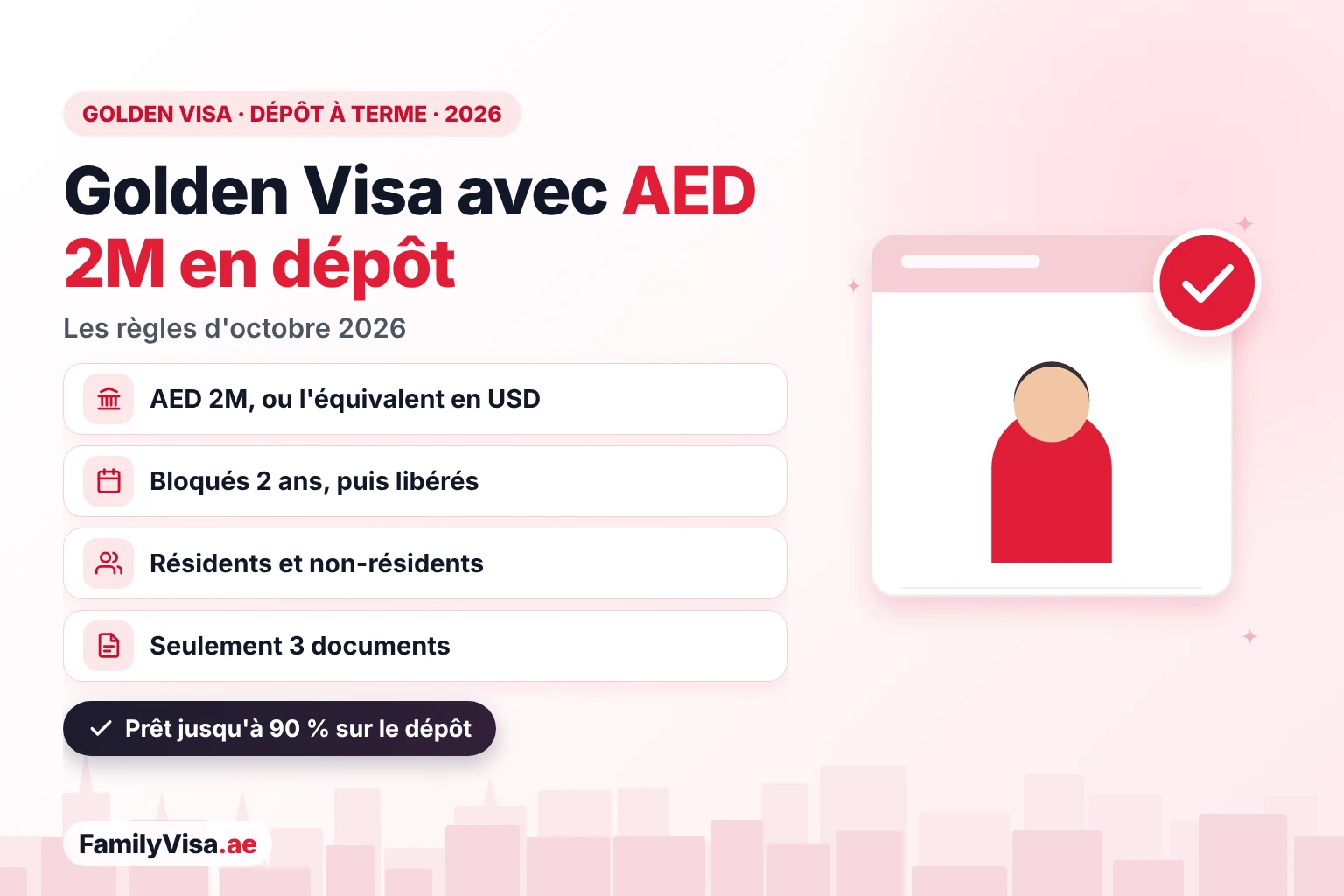 Golden Visa EAU par dépôt à terme bancaire : règles 2026 Illustration d'un investisseur à côté d'une fiche de contrôle : Golden Visa des EAU par dépôt à terme de AED 2 millions bloqué 2 ans dans une banque aux EAU, ouvert aux résidents et non-résidents, avec seulement trois documents