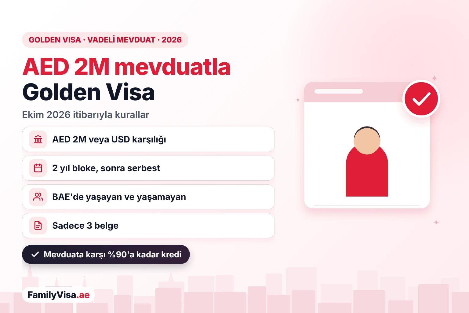 Banka mevduatı ile BAE Golden Visa: 2026 şartları Kontrol listesi kartının yanında bir yatırımcı illüstrasyonu: bir BAE bankasında 2 yıl bloke edilen AED 2 milyonluk vadeli mevduat ile BAE Golden Visa, BAE'de yaşayan ve yaşamayanlara açık, yalnızca üç belge