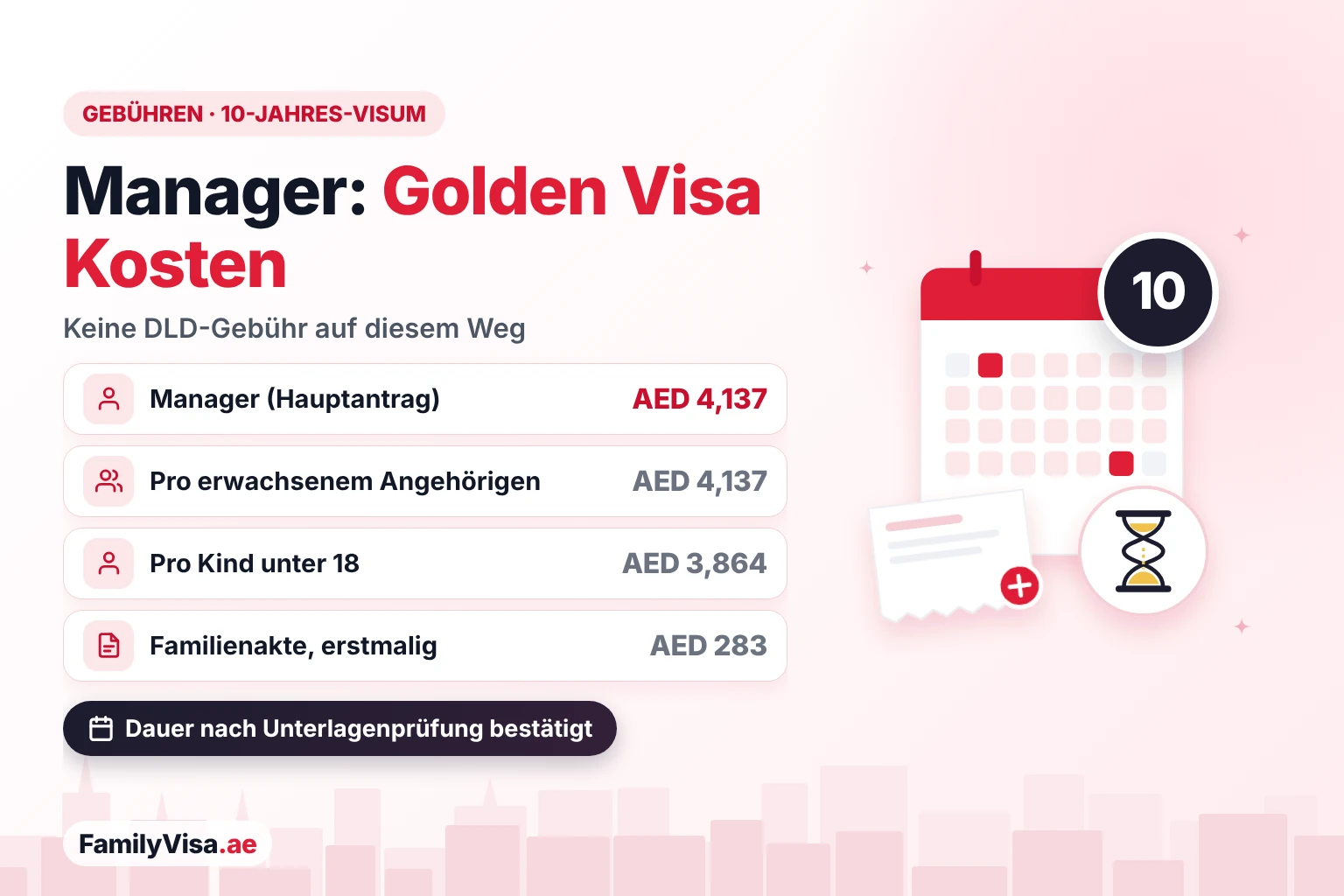 Kosten des Golden Visa für Manager Kosten des Golden Visa für Manager 2026: AED 4,137 staatliche Gebühren für den Hauptantragsteller, AED 4,137 pro erwachsenem Familienangehörigen und AED 3,864 pro Kind unter 18, ohne DLD-Gebühr