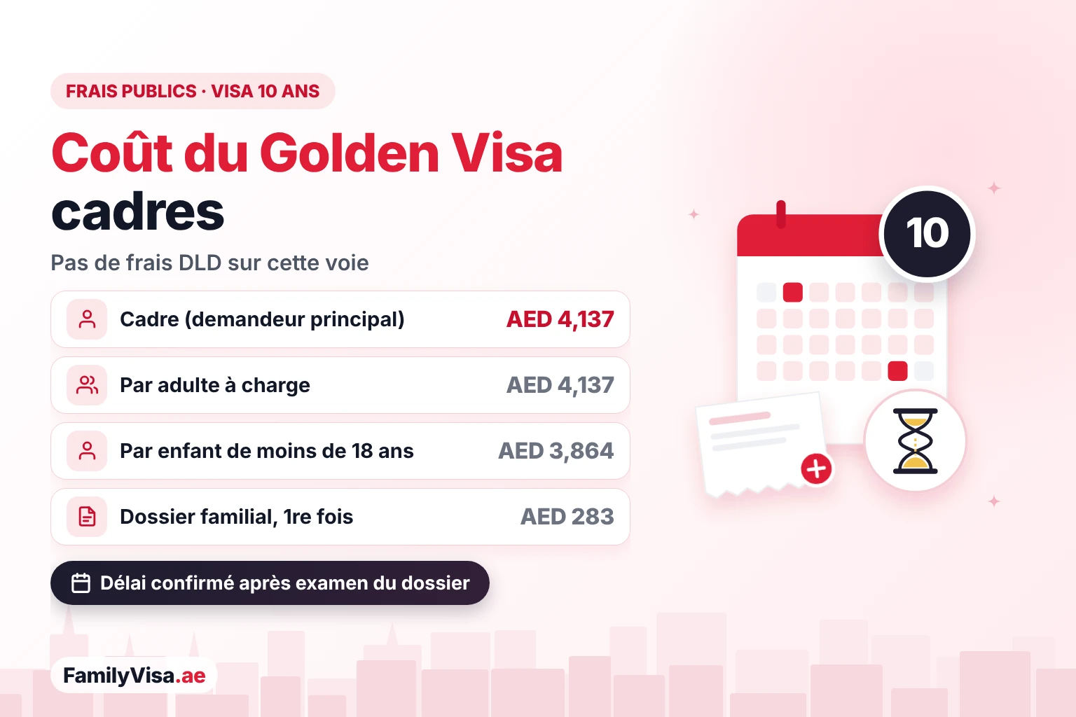 Coût du Golden Visa pour les managers Coût du Golden Visa pour les managers en 2026 : AED 4,137 de frais gouvernementaux pour le demandeur principal, AED 4,137 par personne à charge adulte et AED 3,864 par enfant de moins de 18 ans, sans frais DLD