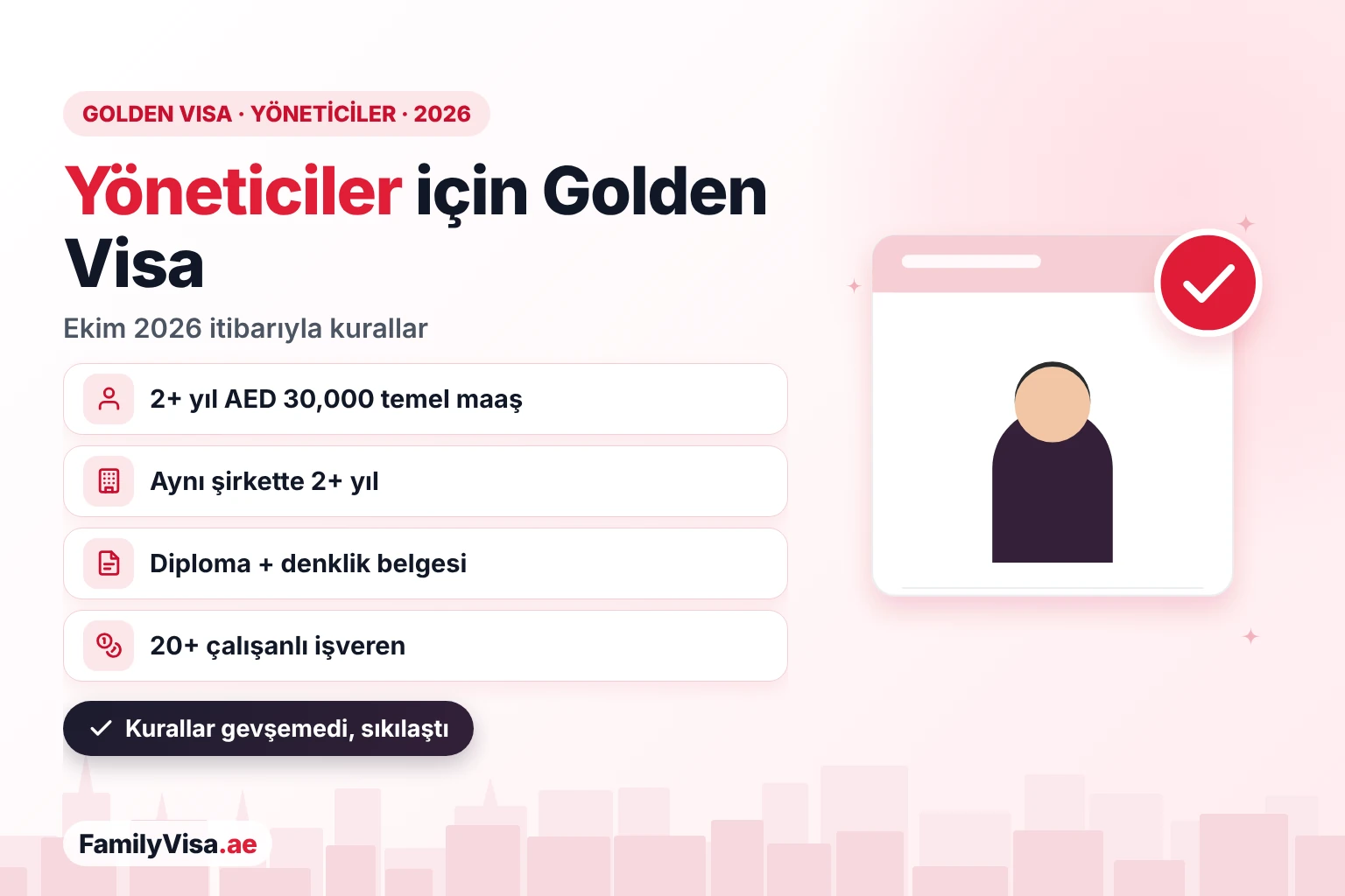 Yöneticiler için BAE Golden Visa: 2026 şartları Kontrol listesi kartının yanında bir yönetici illüstrasyonu: 2026'da yöneticiler için BAE Golden Visa — 2 yıldan uzun süredir alınan AED 30,000 temel maaş, aynı şirkette 2 yıldan fazla çalışma, denkliği olan lisans diploması, 20'den fazla çalışanı olan şirket