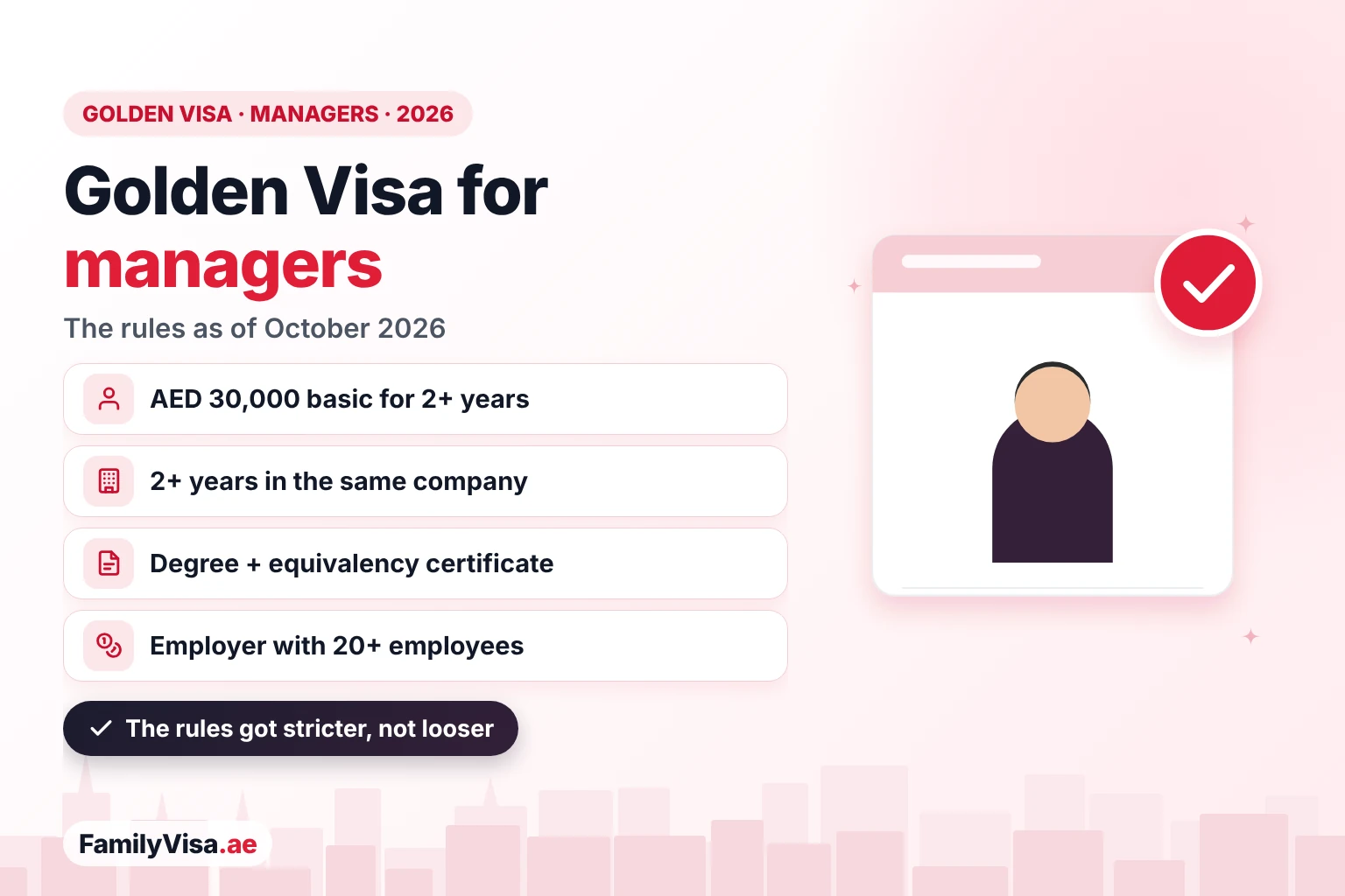UAE Golden Visa for managers: 2026 rules Illustration of a manager beside a checklist card: UAE Golden Visa for managers in 2026 — basic salary of AED 30,000 received for more than 2 years, more than 2 years in the same company, bachelor's degree with equivalency, company with more than 20 employees