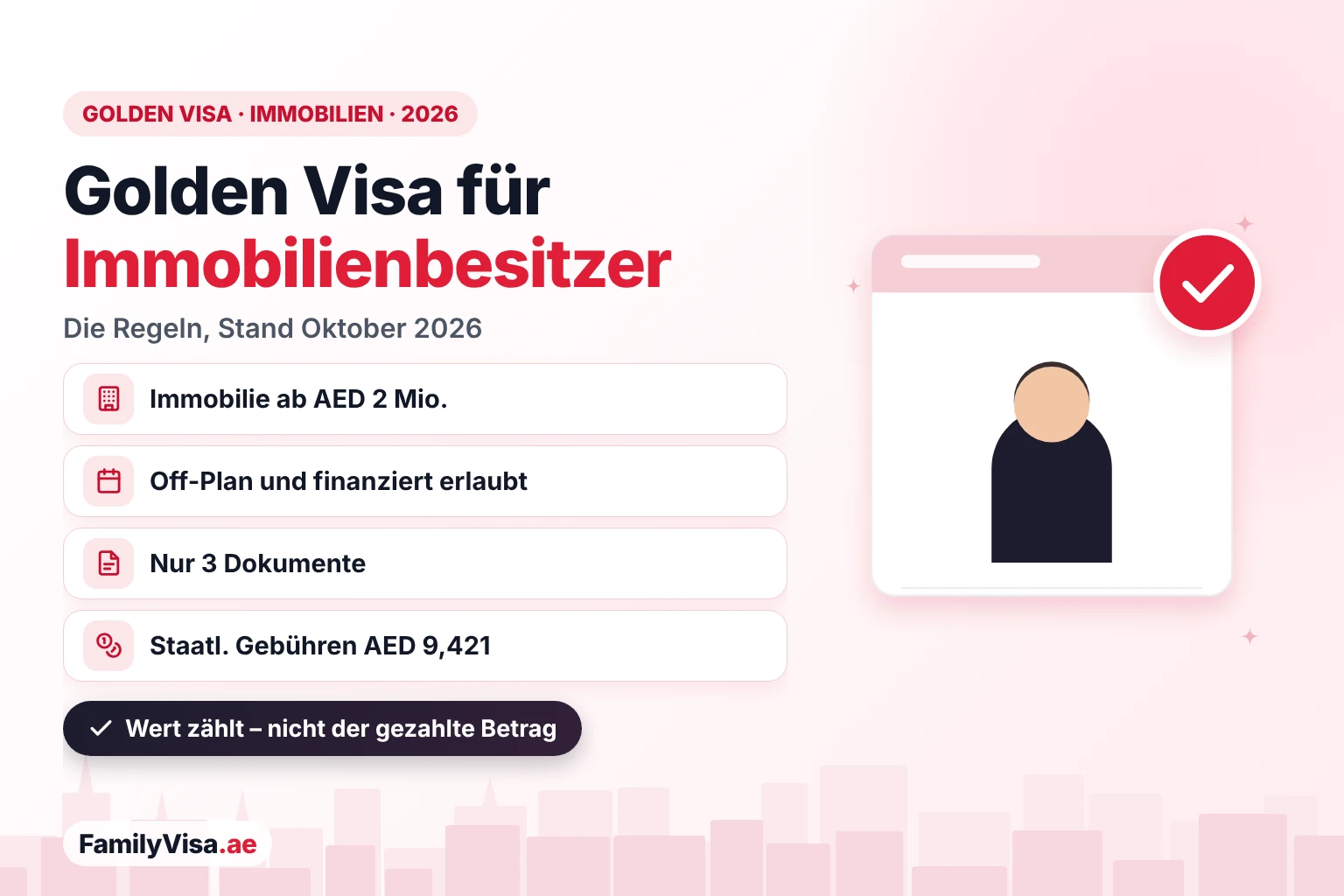 Illustration eines Immobilieneigentümers neben einer Checkliste: Golden Visa der VAE für Immobilieneigentümer 2026 – Immobilie im Wert von AED 2 Mio. oder mehr, Off-Plan und finanziert akzeptiert, nur drei Dokumente, 10 Jahre Aufenthalt