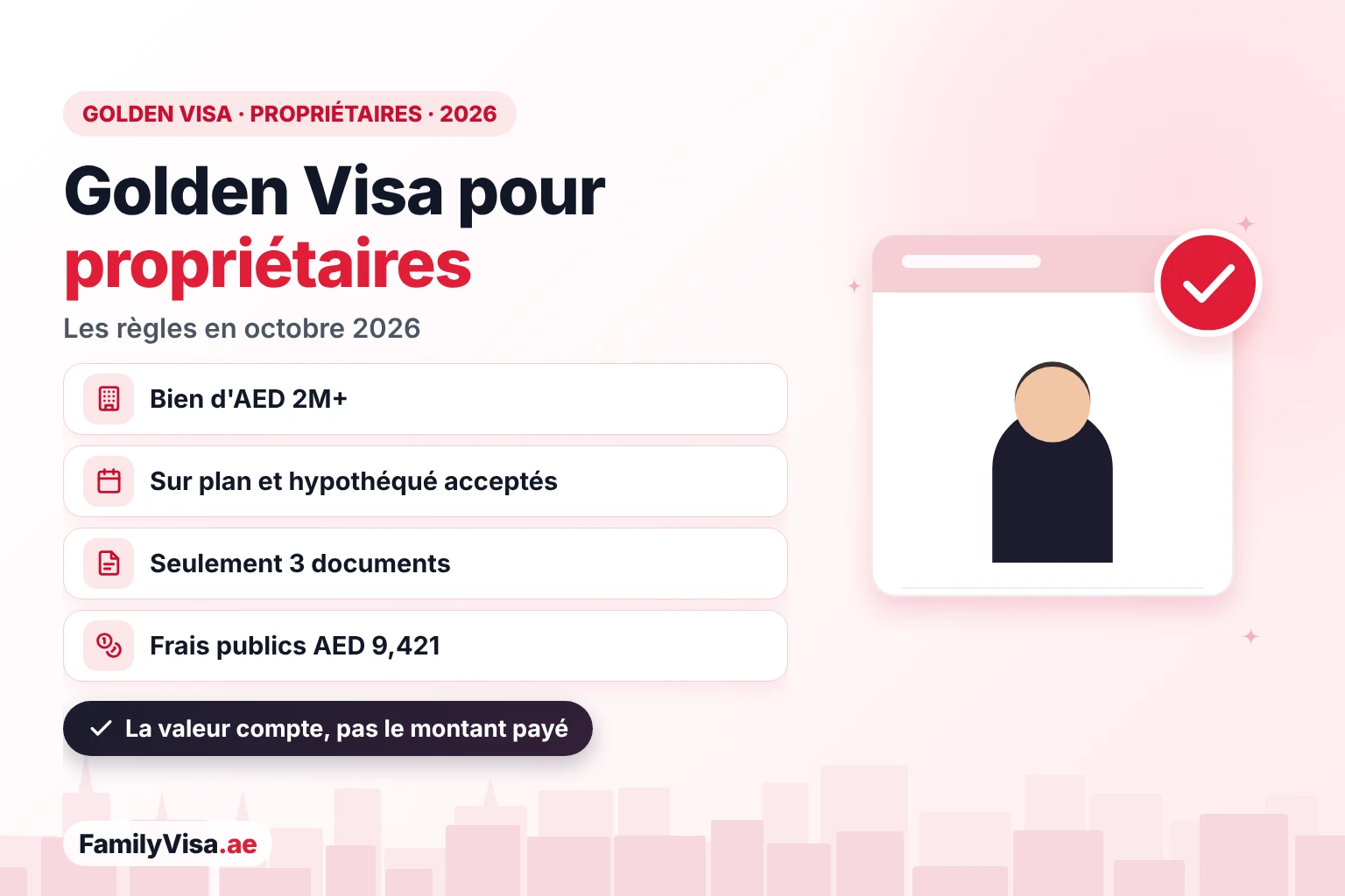 Golden Visa aux EAU pour les propriétaires immobiliers : règles 2026 Illustration d'un propriétaire à côté d'une fiche récapitulative : Golden Visa aux EAU pour propriétaires immobiliers en 2026 — bien d'une valeur d'AED 2 millions ou plus, sur plan et hypothéqué acceptés, seulement trois documents, résidence de 10 ans