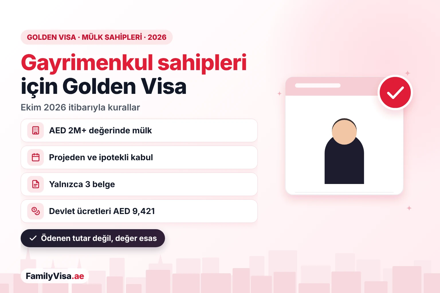 Gayrimenkul ile BAE Golden Visa: 2026 şartları Kontrol listesi kartının yanında bir mülk sahibi illüstrasyonu: 2026'da gayrimenkul sahipleri için BAE Golden Visa — AED 2 milyon veya daha fazla değerinde mülk, projeden ve ipotekli mülk kabul edilir, yalnızca üç belge, 10 yıllık oturma izni