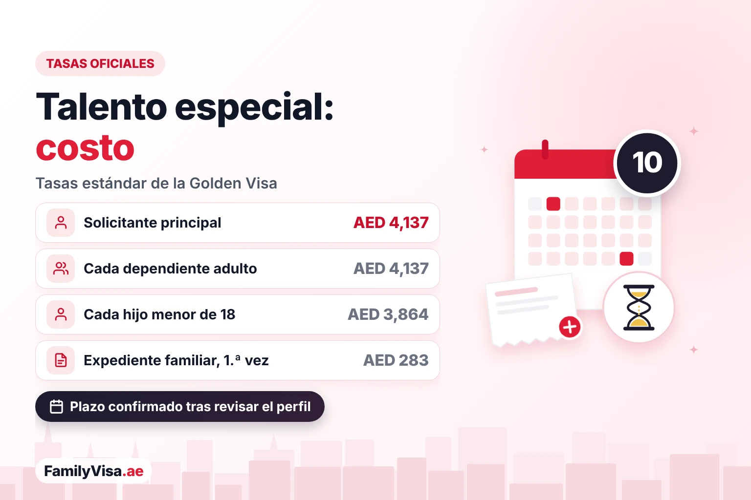 Costo de la Golden Visa por talento especial Costo de la Golden Visa por talento especial: AED 4,137 en tasas oficiales para el solicitante principal, AED 4,137 por dependiente adulto y AED 3,864 por hijo menor de 18