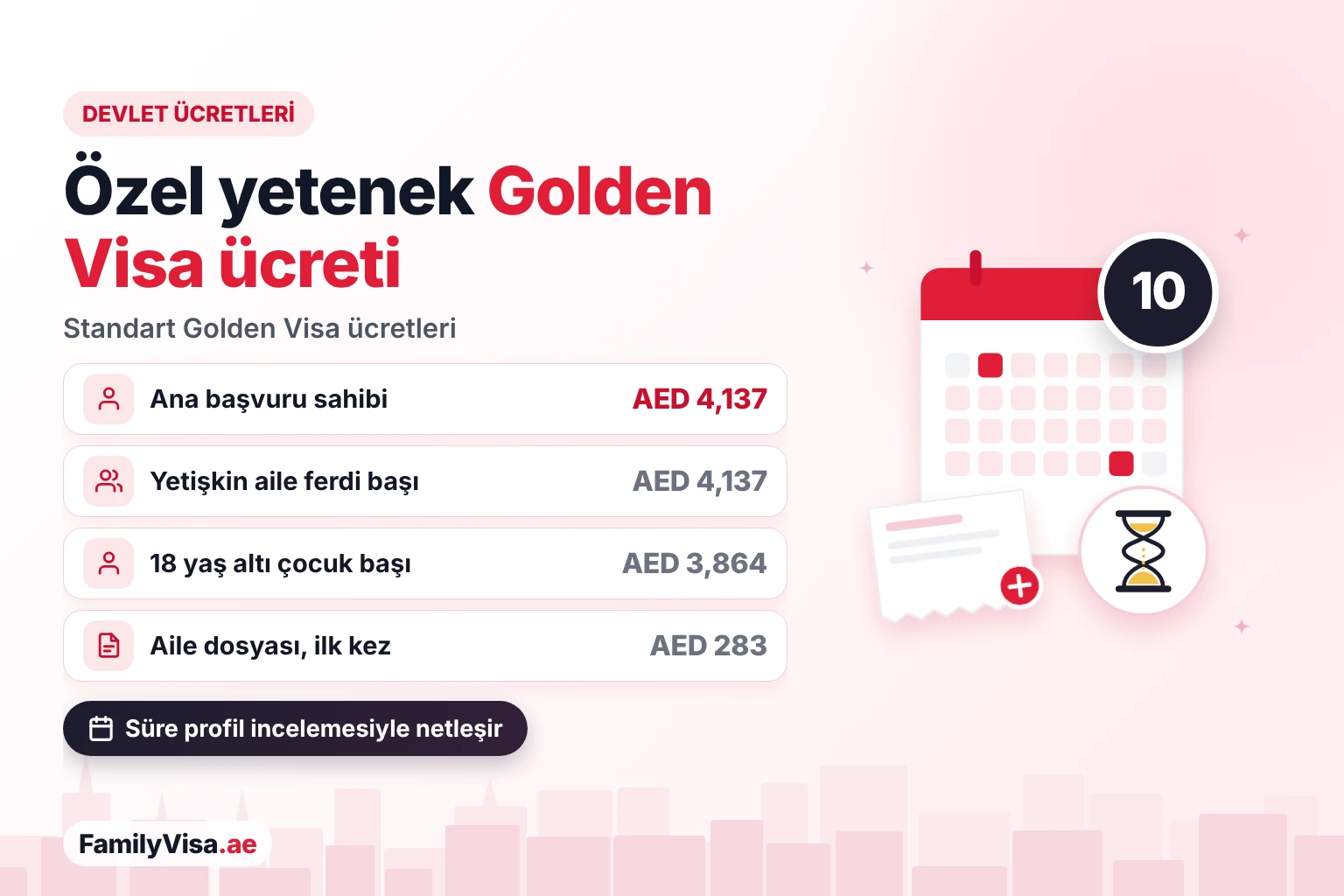 Özel yetenek Golden Visa ücreti Özel yetenek Golden Visa maliyeti: ana başvuru sahibi için AED 4,137 devlet ücreti, yetişkin aile ferdi başına AED 4,137 ve 18 yaş altı çocuk başına AED 3,864