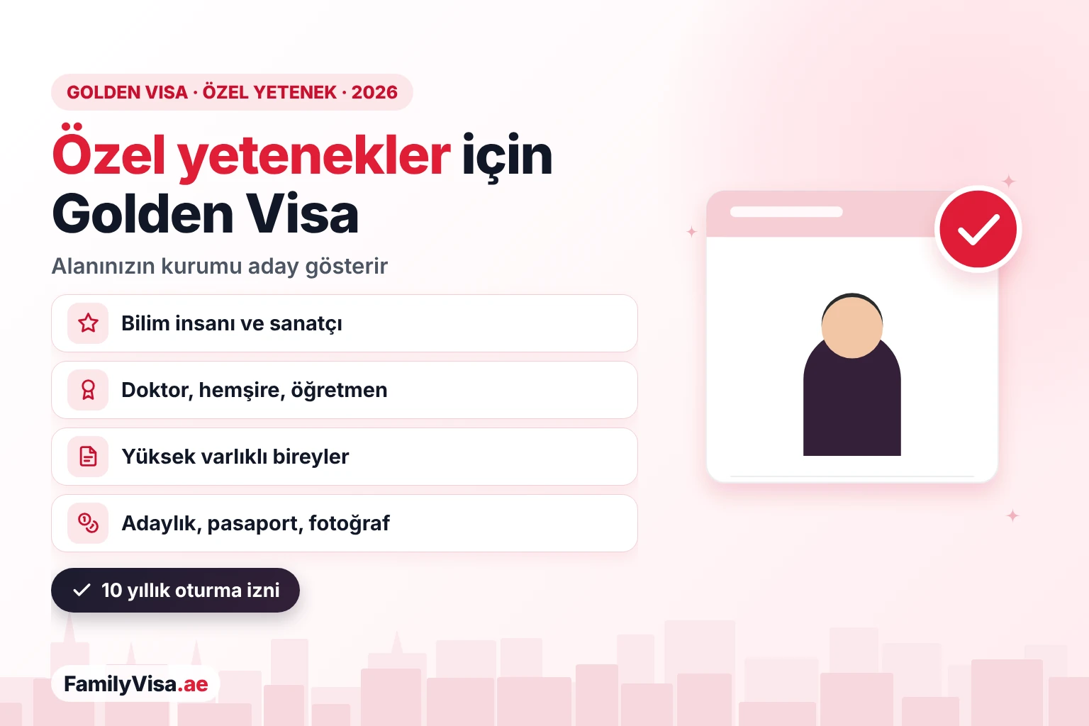Özel yetenekler için BAE Golden Visa: 2026 kuralları Kontrol listesi kartının yanında bir profesyonel illüstrasyonu: 2026'da özel yetenekler için BAE Golden Visa — ilgili kurum tarafından aday gösterilen bilim insanları, sanatçılar, doktor ve hemşireler, öğretmenler ve yüksek varlıklı bireyler