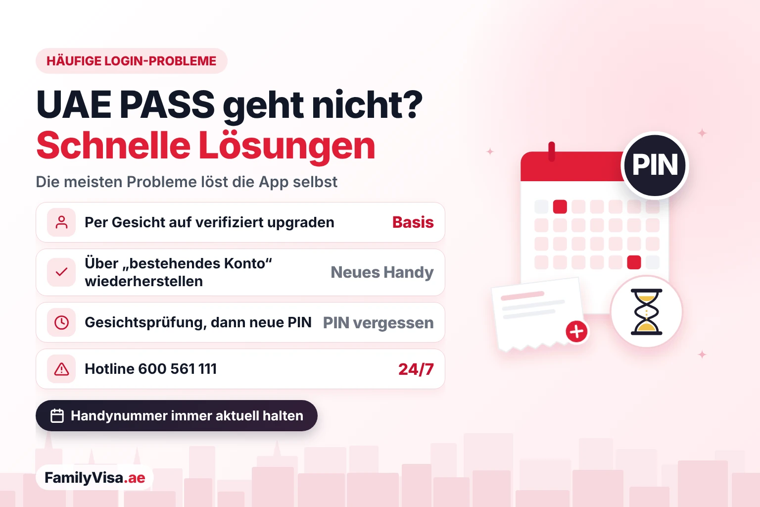 UAE PASS Login-Probleme und Lösungen Häufige UAE PASS Login-Probleme und Lösungen: Basiskonto auf verifiziert upgraden, Konto auf neuem Handy wiederherstellen, vergessene PIN per Gesichtsverifizierung zurücksetzen und die 24/7-Hotline unter 600 561 111 anrufen