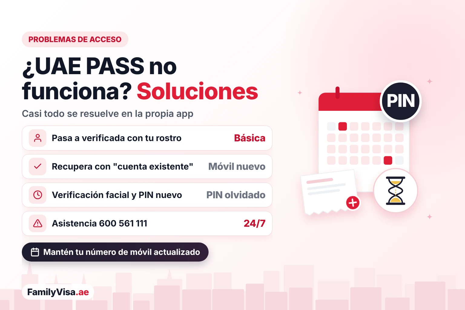 Problemas de acceso en UAE PASS y soluciones Problemas de acceso más comunes en UAE PASS y sus soluciones: pasar de cuenta básica a verificada, recuperar la cuenta en un móvil nuevo, restablecer un PIN olvidado con verificación facial y llamar a la asistencia 24/7 al 600 561 111