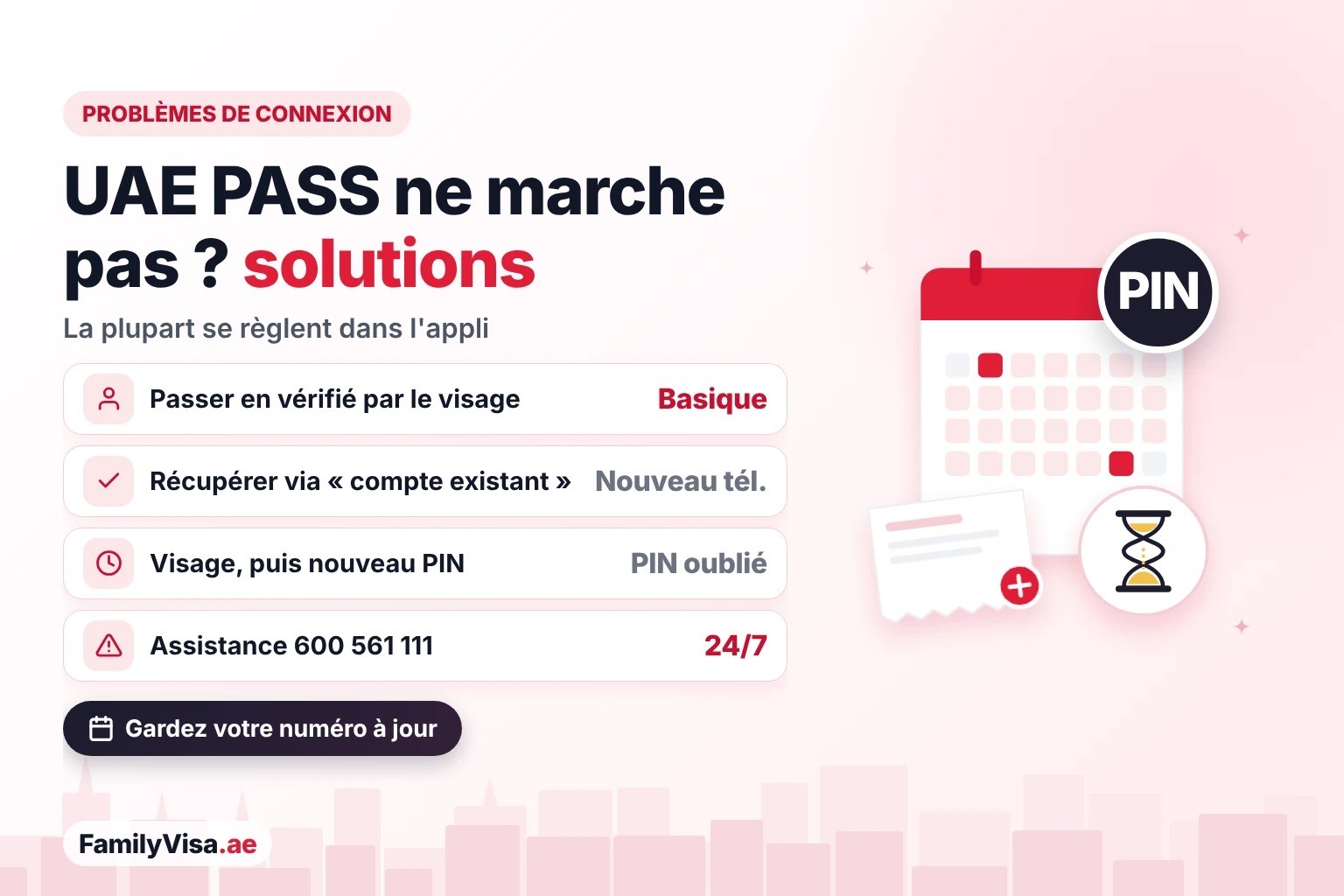 Problèmes de connexion UAE PASS et solutions Problèmes de connexion UAE PASS fréquents et solutions : passer d'un compte basique à vérifié, récupérer le compte sur un nouveau téléphone, réinitialiser un code PIN oublié par vérification faciale et appeler l'assistance 24/7 au 600 561 111