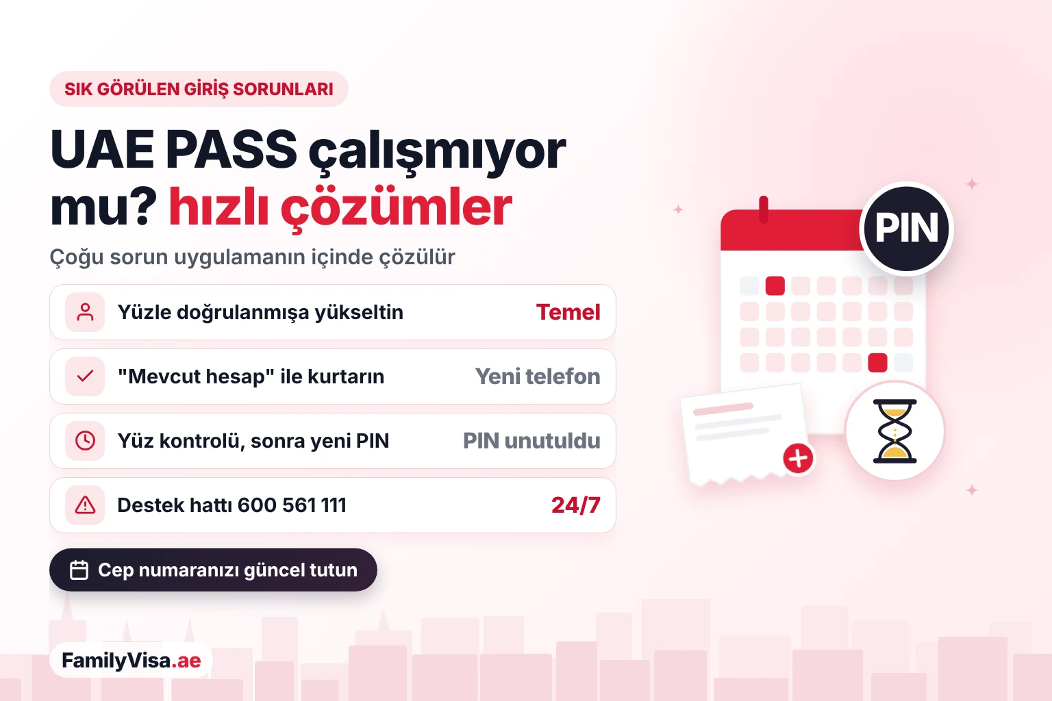 UAE PASS giriş sorunları ve çözümleri Sık görülen UAE PASS giriş sorunları ve çözümleri: temel hesabı doğrulanmışa yükseltin, hesabı yeni telefonda kurtarın, unutulan PIN'i yüz doğrulamasıyla sıfırlayın ve 24/7 destek hattını 600 561 111 numarasından arayın