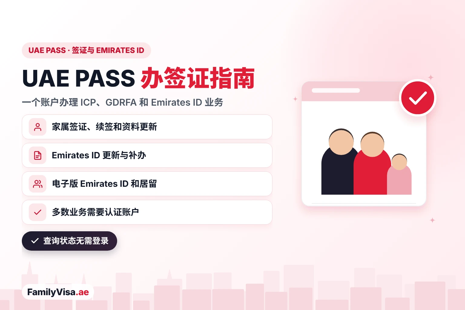UAE PASS 办理签证和 Emirates ID 业务:一个认证账户即可在 ICP 和 GDRFA 办理家属签证申请、居留续签、Emirates ID 更新与补办,并保存电子版 Emirates ID 和居留文件