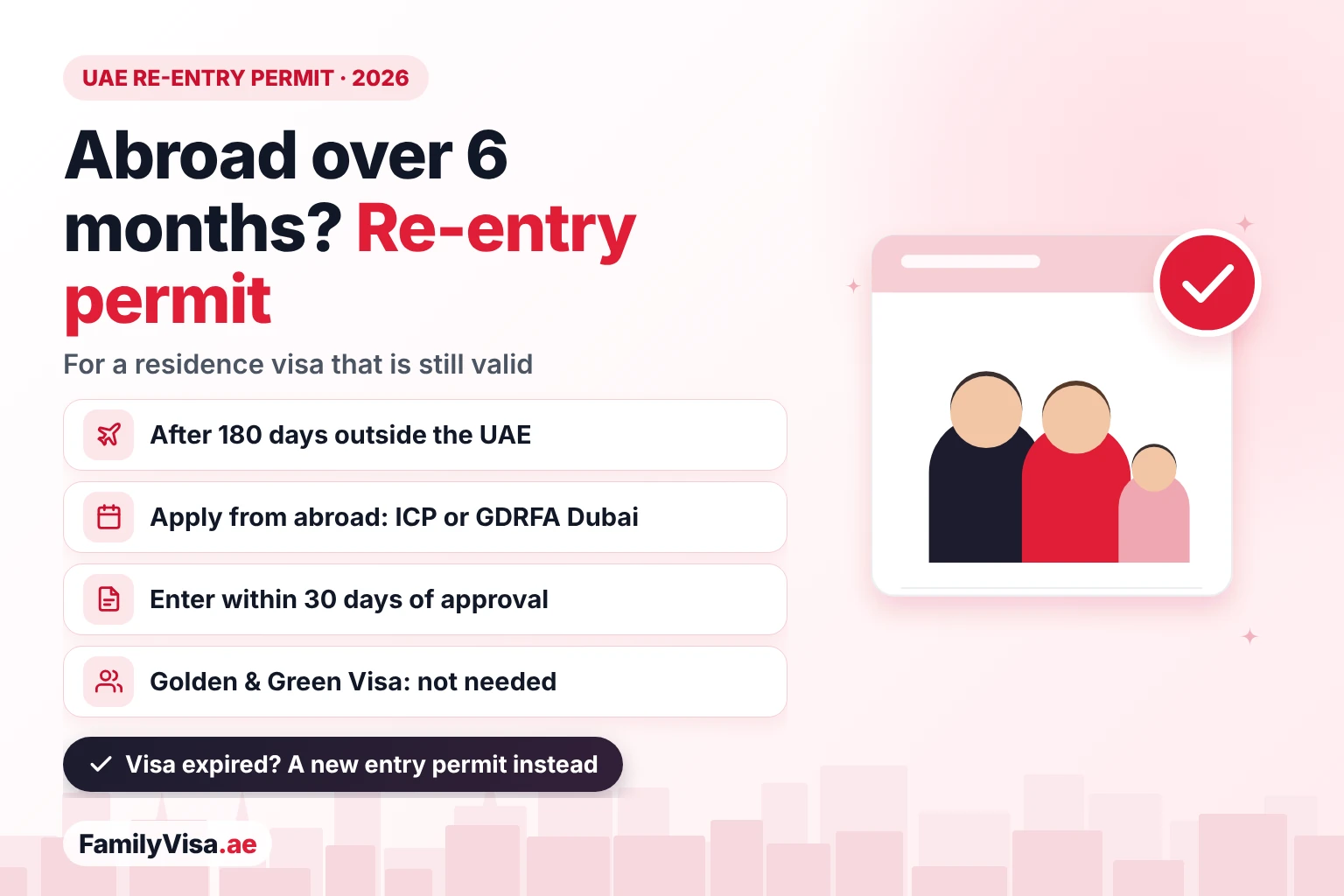 UAE re-entry permit for residents outside the country for more than 180 days: apply from abroad through ICP or GDRFA Dubai while the residence is valid, enter within 30 days, Golden and Green Visa holders do not need it
