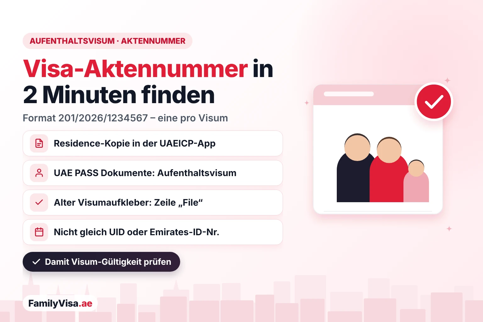Wo Sie die Aktennummer Ihres VAE-Aufenthaltsvisums finden: Residence-Kopie in der UAEICP-App, Dokumente in UAE PASS oder alter Visumaufkleber, im Format 201/2026/1234567