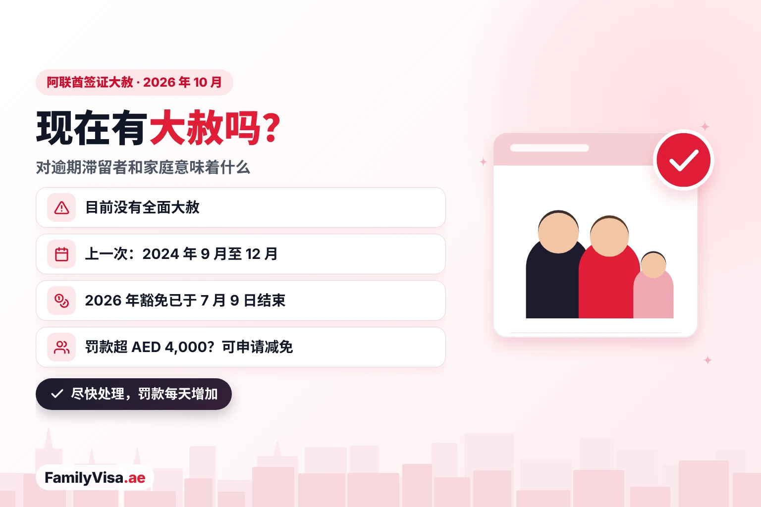 2026 年 10 月阿联酋签证大赦现状：目前没有全面大赦，上一次全国大赦于 2024 年 9 月至 12 月进行，2026 年航班中断豁免已于 2026 年 7 月 9 日结束