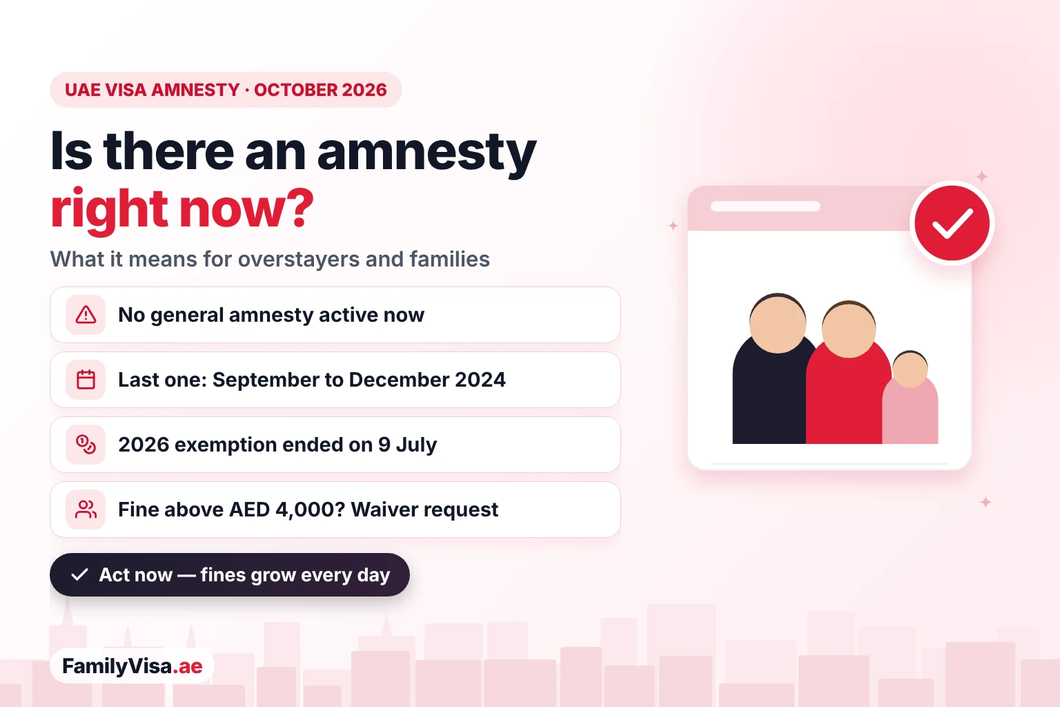 UAE visa amnesty status in October 2026: no general amnesty is active, the last nationwide amnesty ran from September to December 2024 and the 2026 flight-disruption exemption ended on 9 July 2026