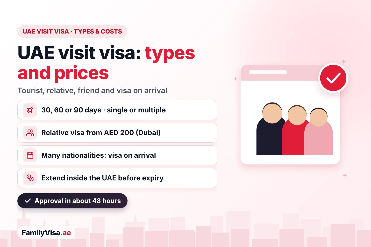 UAE visit visa types and costs: tourist visas, relative and friend visit visas from AED 200 in Dubai and visa on arrival for many nationalities, for 30, 60 or 90 days, single or multiple entry