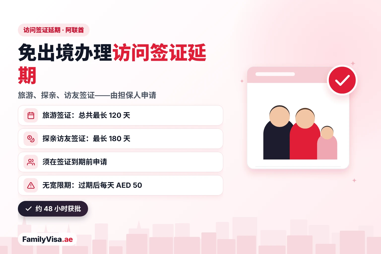 2026 年阿联酋访问签证延期规定 阿联酋访问签证延期指南:旅游签证总共最长可延至 120 天,探亲访友签证最长 180 天,须由担保人在到期前申请,签证过期后每天罚款 AED 50