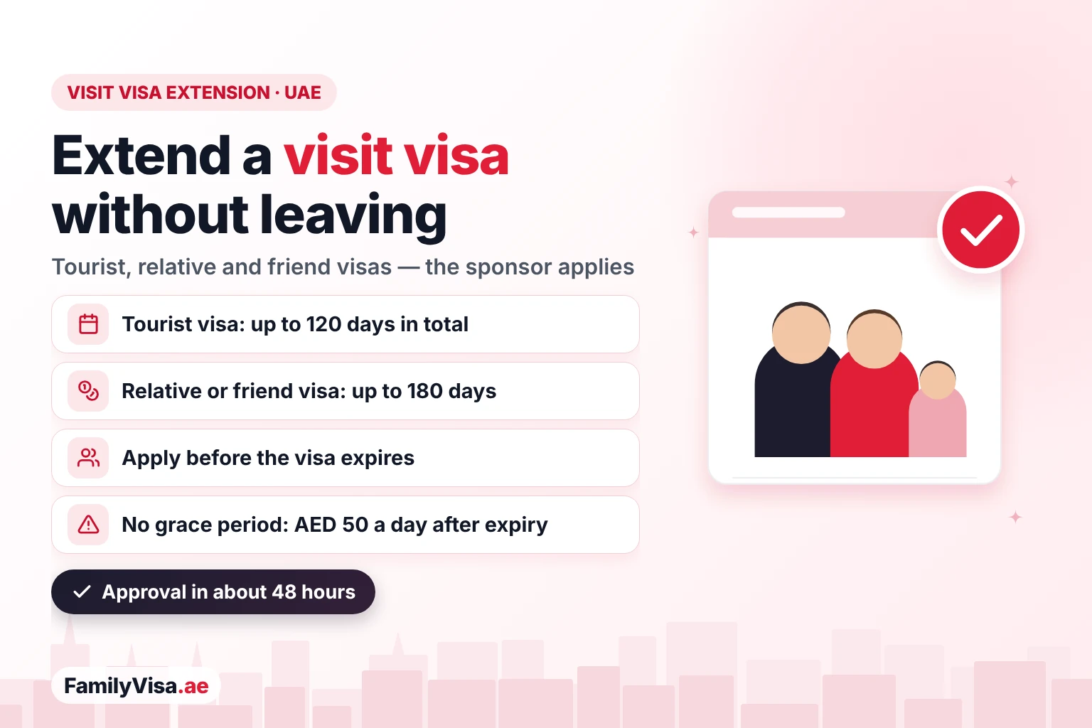 UAE visit visa extension guide: tourist visas extend up to 120 days in total and relative or friend visit visas up to 180 days, applied for by the sponsor before expiry, with an AED 50 daily fine after the visa expires